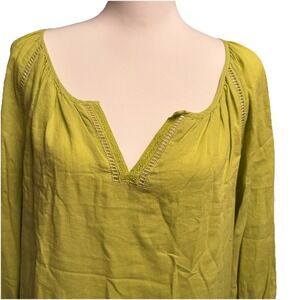 J Jill Sz Small Linen Blend‎ Tunic Top Lace Trim Split Neck Chartreuse Pullover
